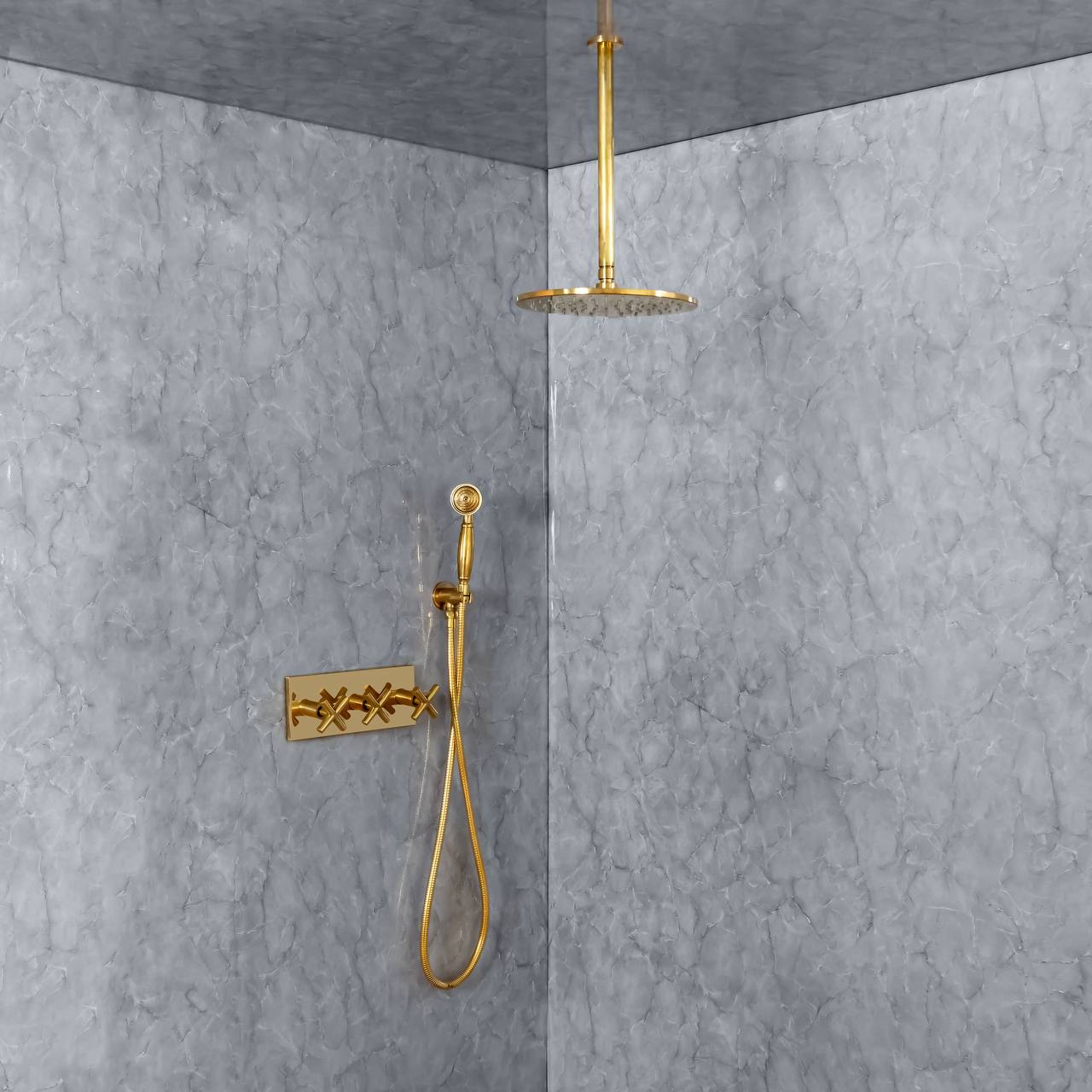 Ceiling Mount Rain Shower System with Hand Shower – Unlacquered Brass