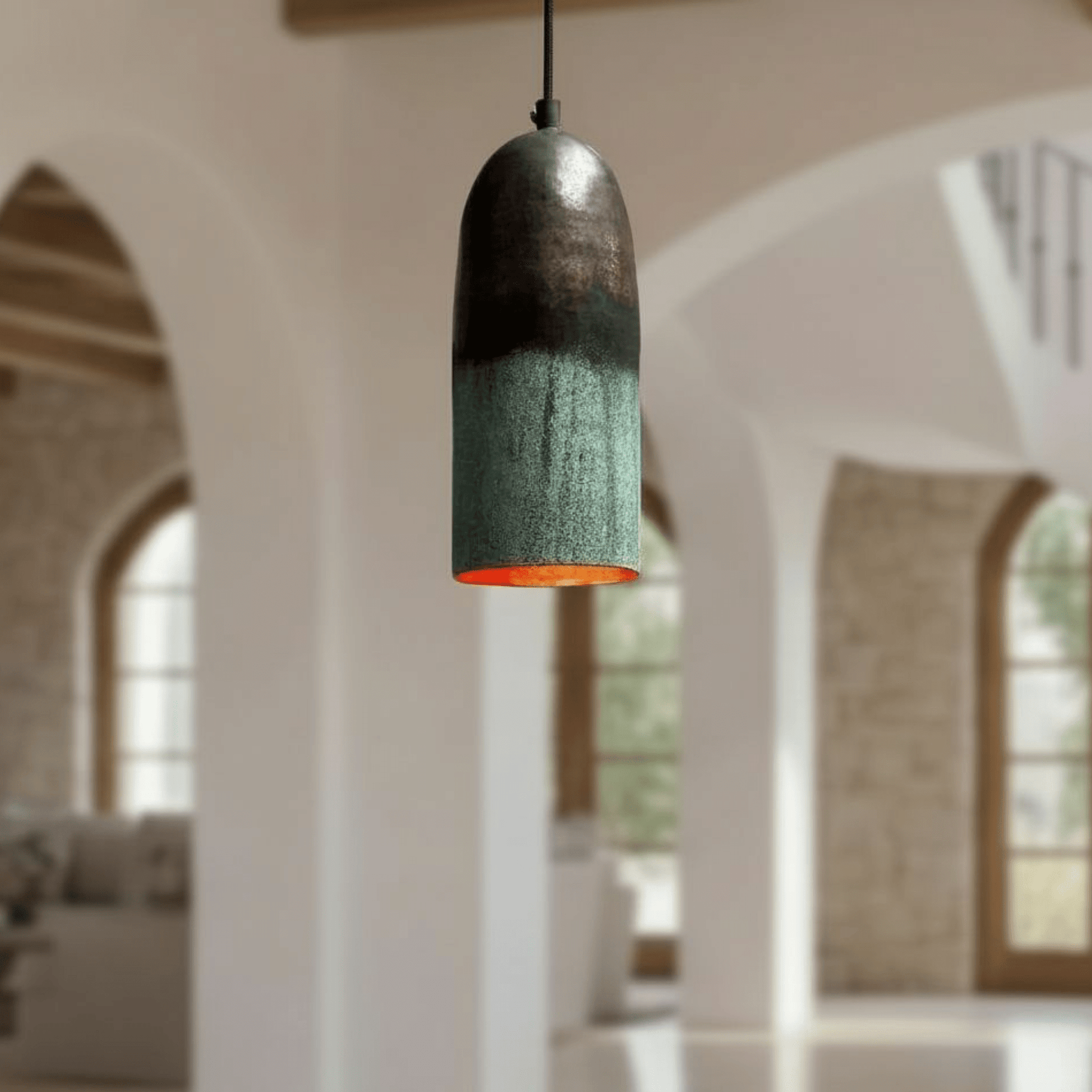 Green Patina Copper Pendant – Oxidized Cylinder Ceiling Lamp