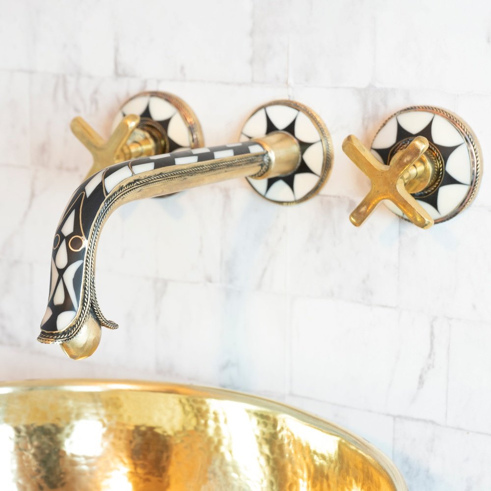Unlacquered Brass Wall-Mount Faucet with Wood Handles