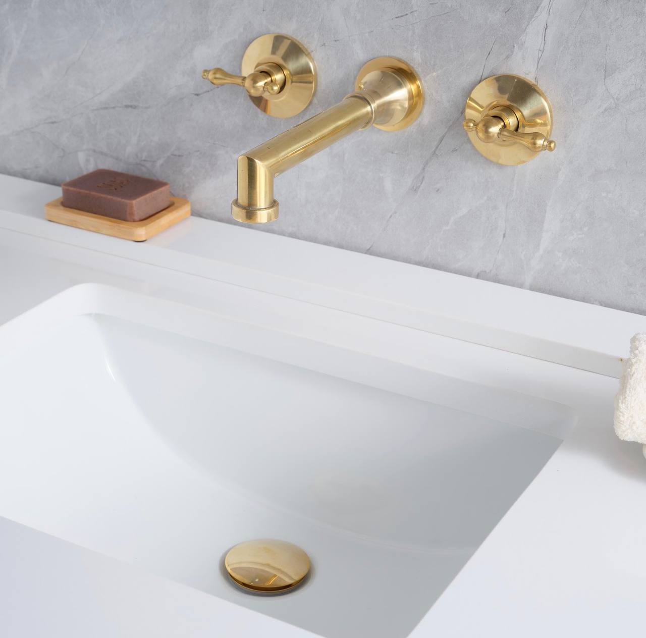 Avila Unlacquered Brass Wall-Mount Bathroom Faucet – Lever Handles