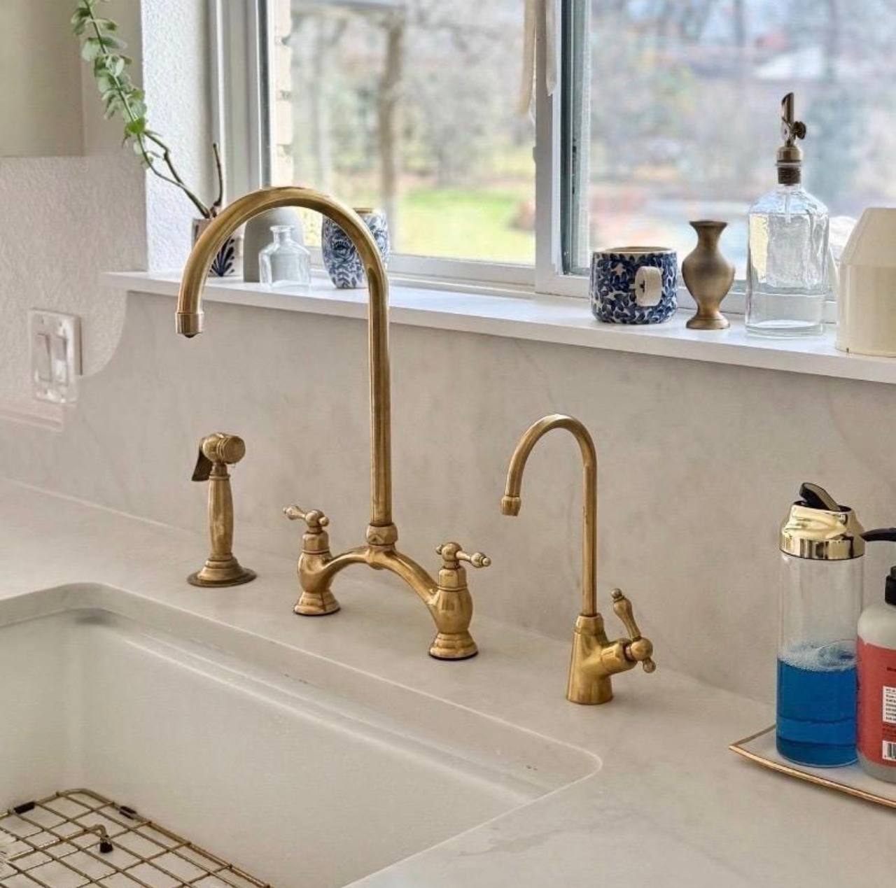 Victorian Bridge Unlacquered Brass Kitchen Faucet – Lever Handles, Side Sprayer