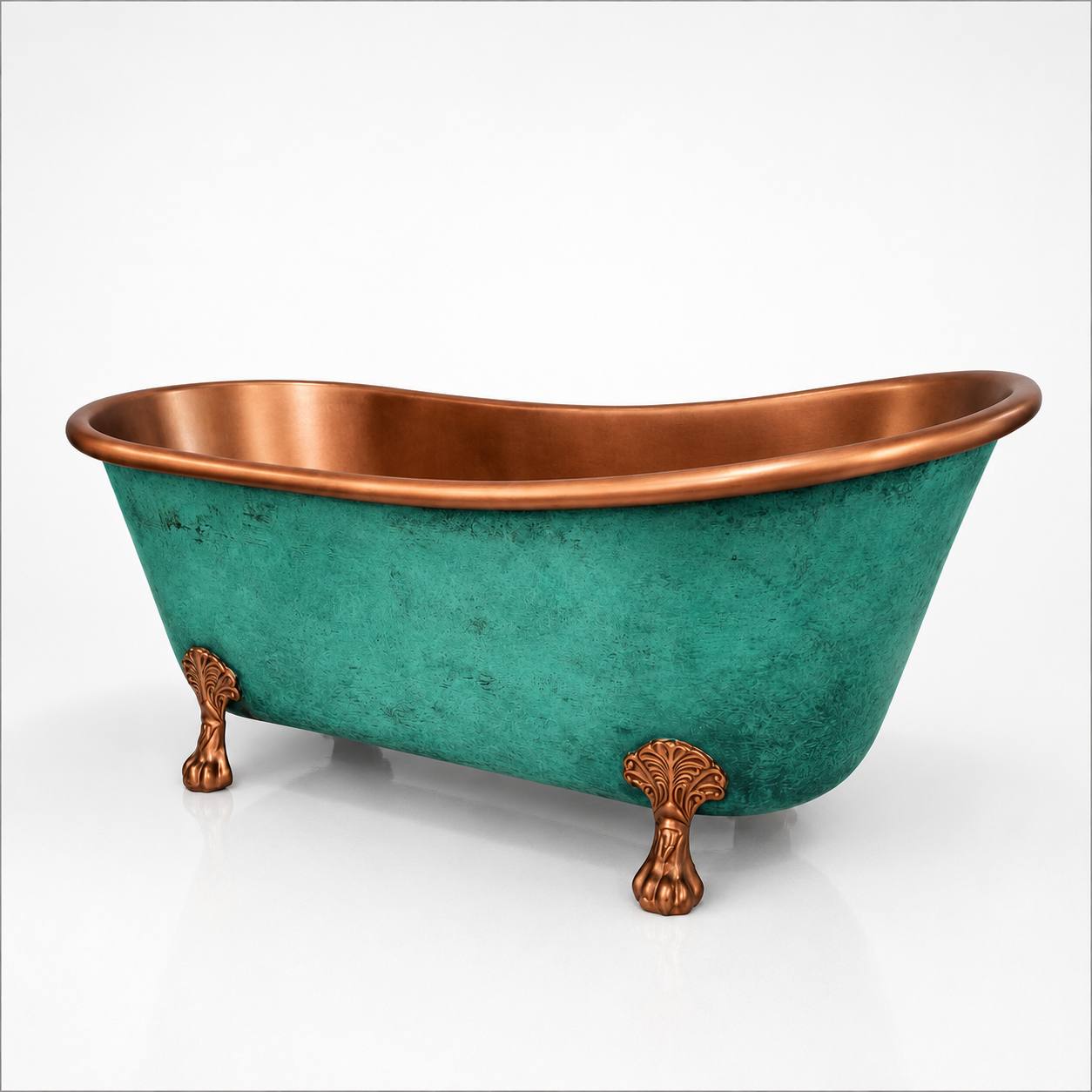 Turquoise Patina Copper Slipper Bathtub with Clawfoot Legs