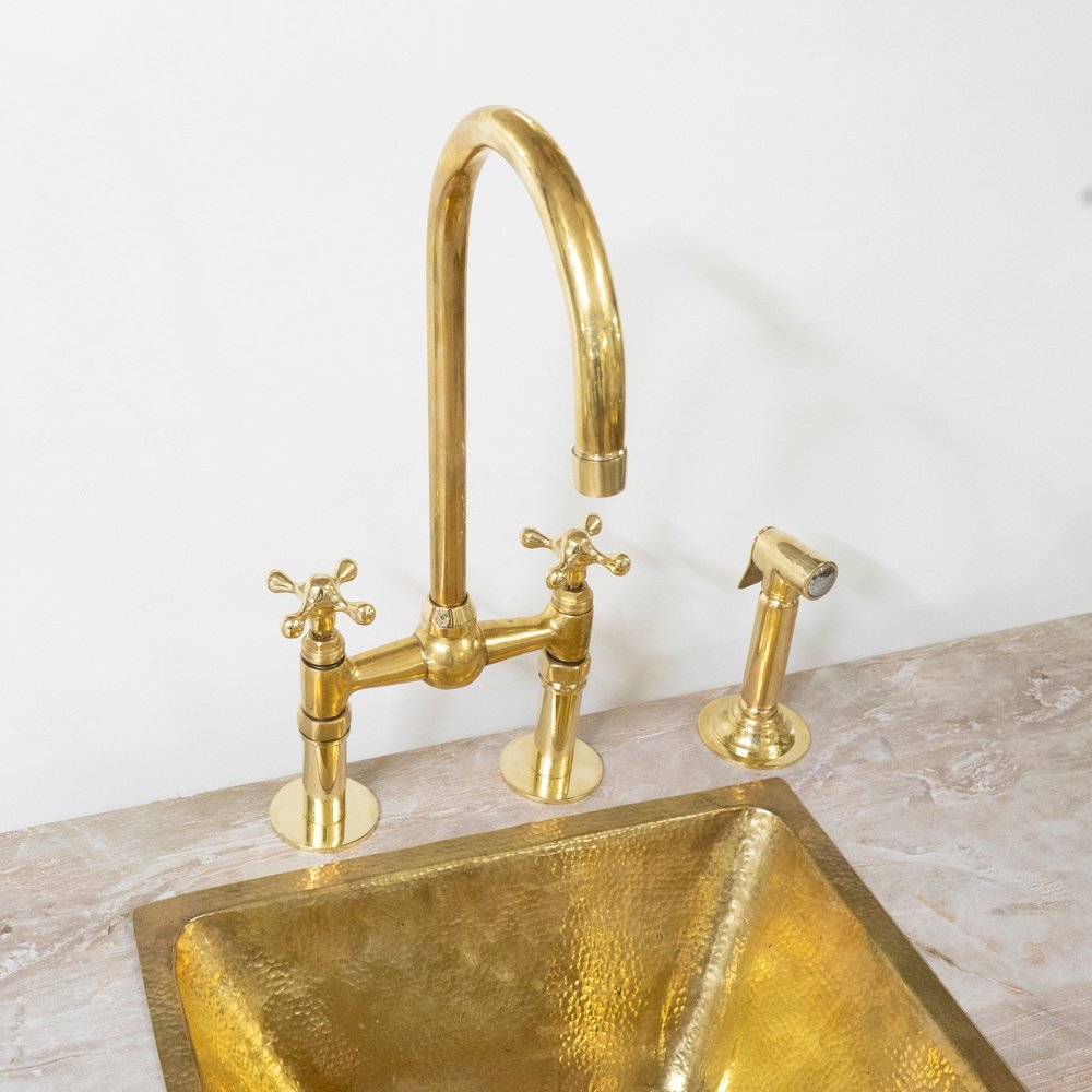 Unlacquered Brass Bridge Kitchen Faucet with Side Sprayer