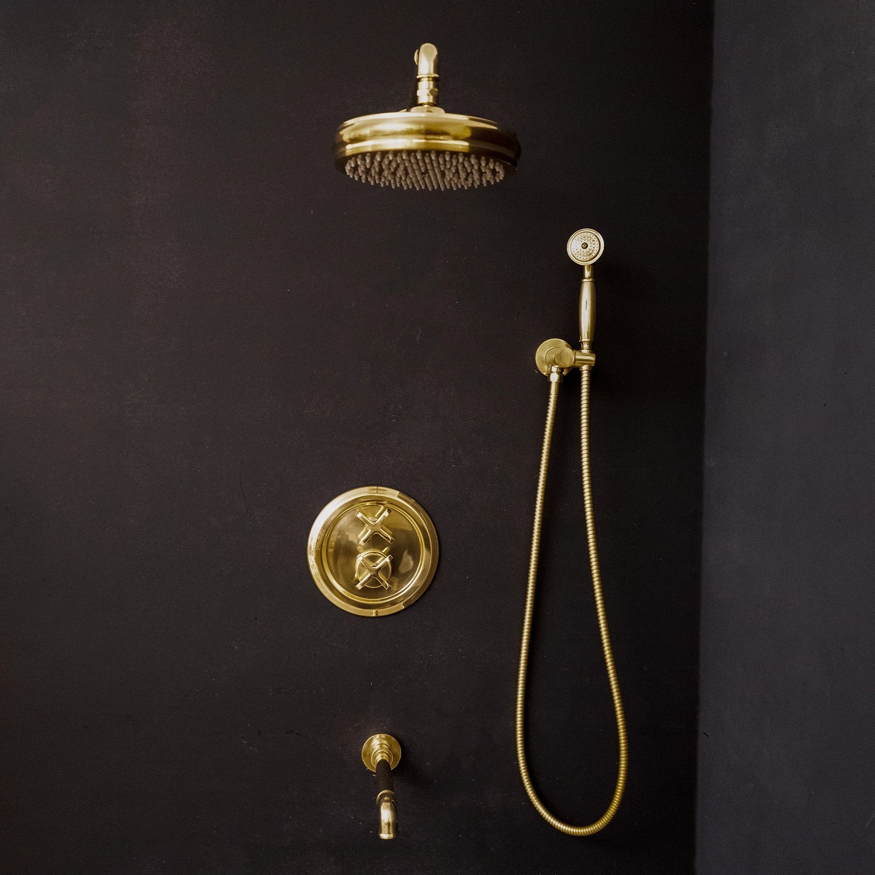 Unlacquered Brass Thermostatic Shower System – Rain Head & Handheld