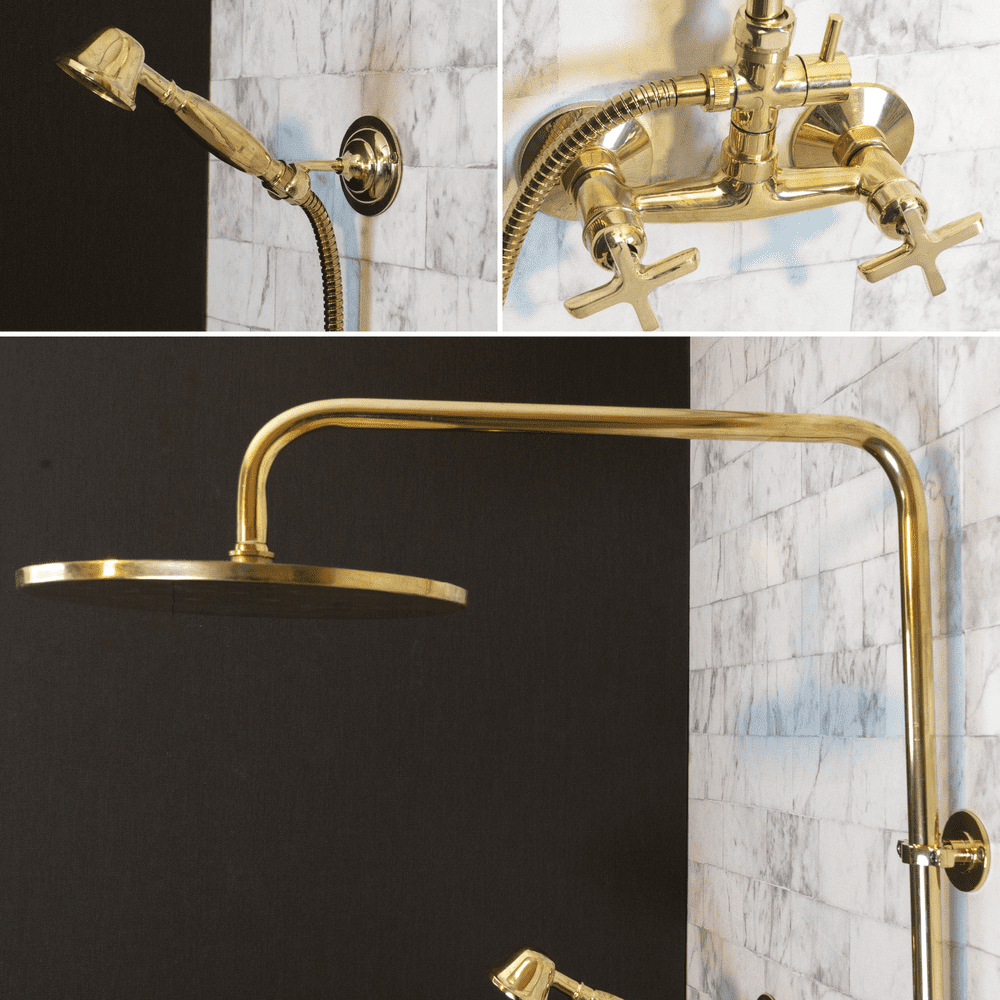 Unlacquered Brass Exposed Shower System – Round Head with Handheld