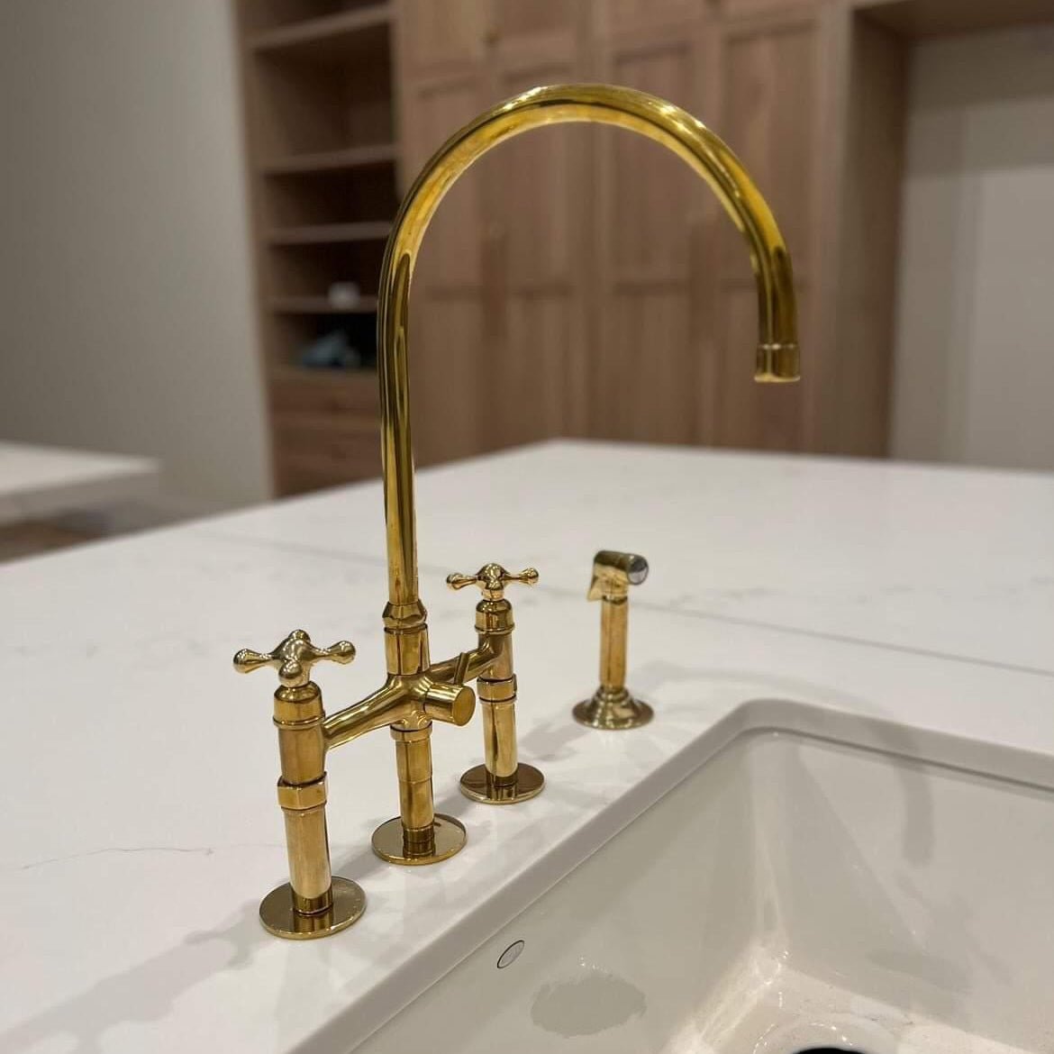 Unlacquered Brass Gooseneck Bridge Kitchen Faucet – Side Sprayer