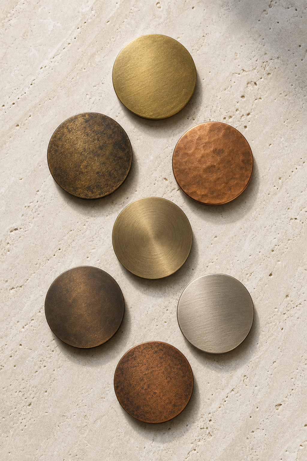 Seven unlacquered brass and copper finish samples