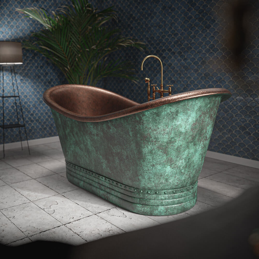 Copper Freestanding Bathtub – Blue-Green Patina Finish – detail of blue-green patina