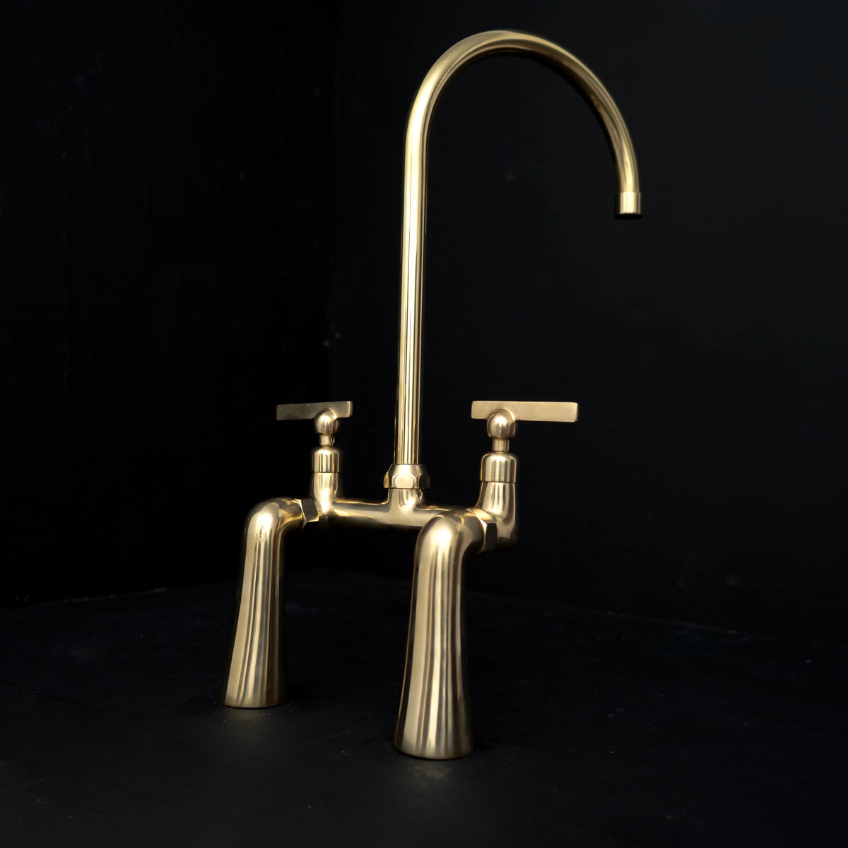 GoldenArc Bridge Kitchen Faucet – Arched Brass, Cross Handles – detail of cross handles