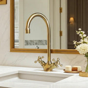 Gooseneck Unlacquered Brass Basin Faucet – Cross Handles