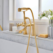 Unlacquered Brass Deck-Mount Tub Faucet with Hand Shower – Cross Handles