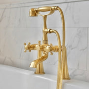 Unlacquered Brass Deck-Mount Tub Faucet with Hand Shower – Cross Handles
