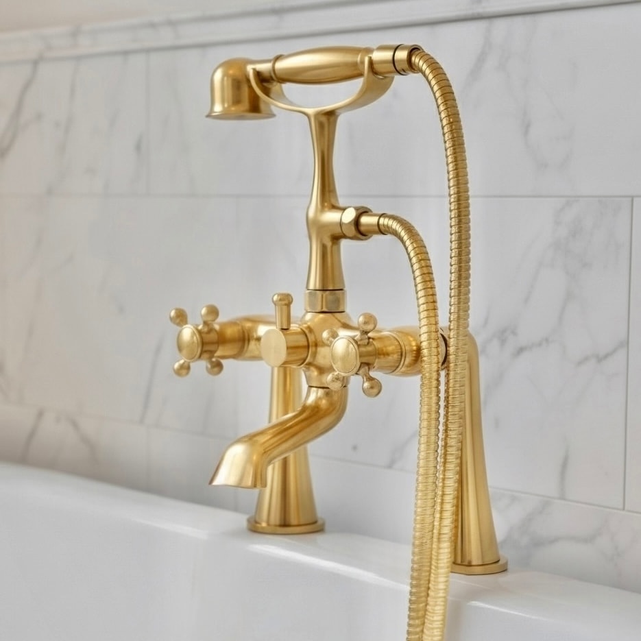Unlacquered Brass Deck-Mount Tub Faucet with Hand Shower – Cross Handles