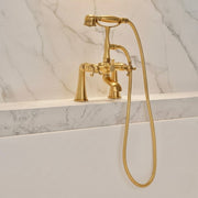 Unlacquered Brass Deck-Mount Tub Faucet with Hand Shower – Cross Handles
