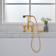Unlacquered Brass Deck-Mount Tub Faucet with Hand Shower – Cross Handles