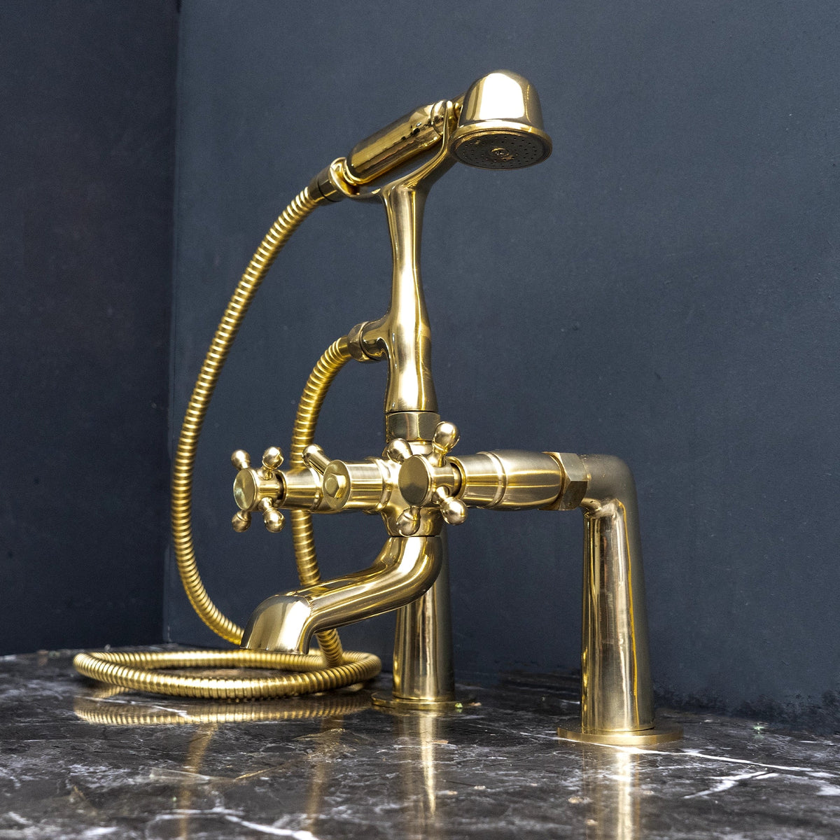 Unlacquered Brass Deck-Mount Tub Filler with Handheld Shower – detail of finish