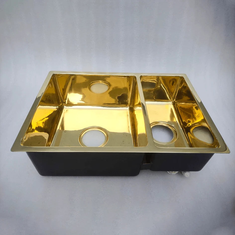 Unlacquered Brass Workstation Sink - 29in Double Bowl - close-up detail