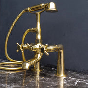 Unlacquered Brass Deck-Mount Tub Filler with Handheld Shower