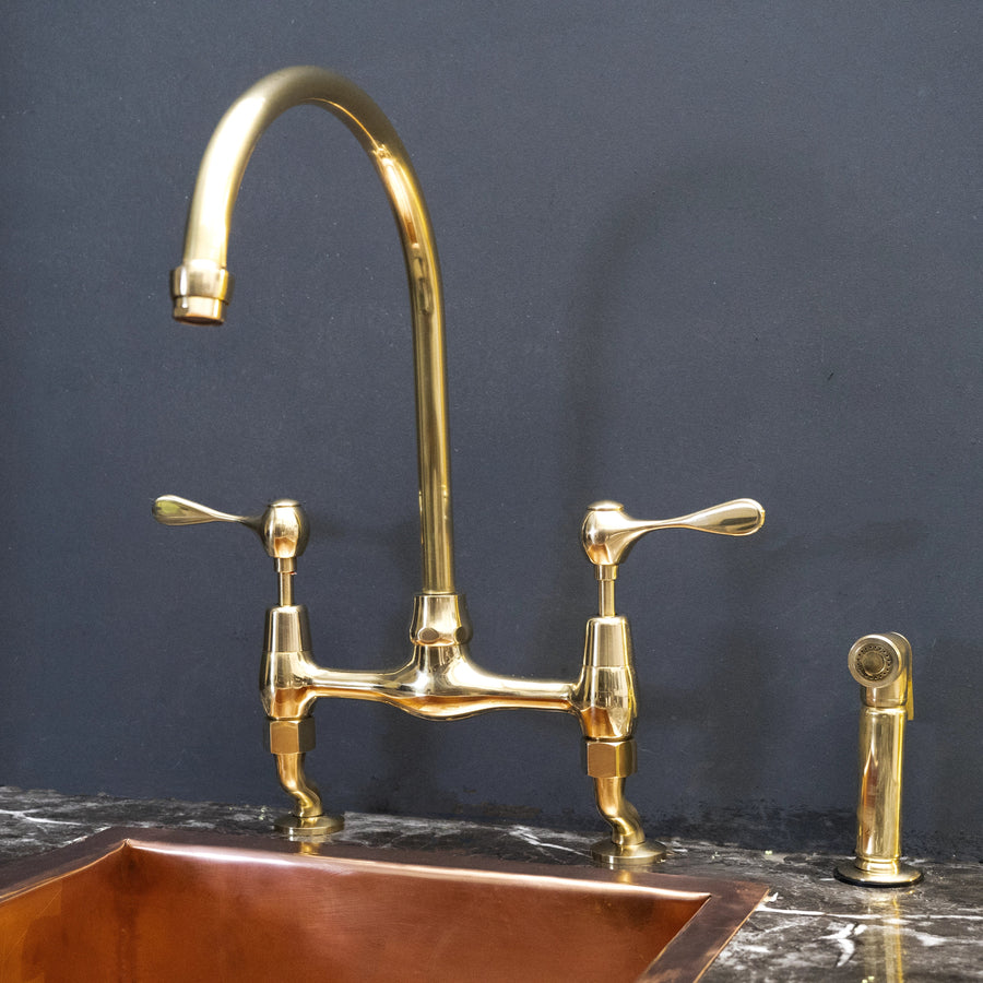 Unlacquered Brass Curved-Leg Bridge Kitchen Faucet