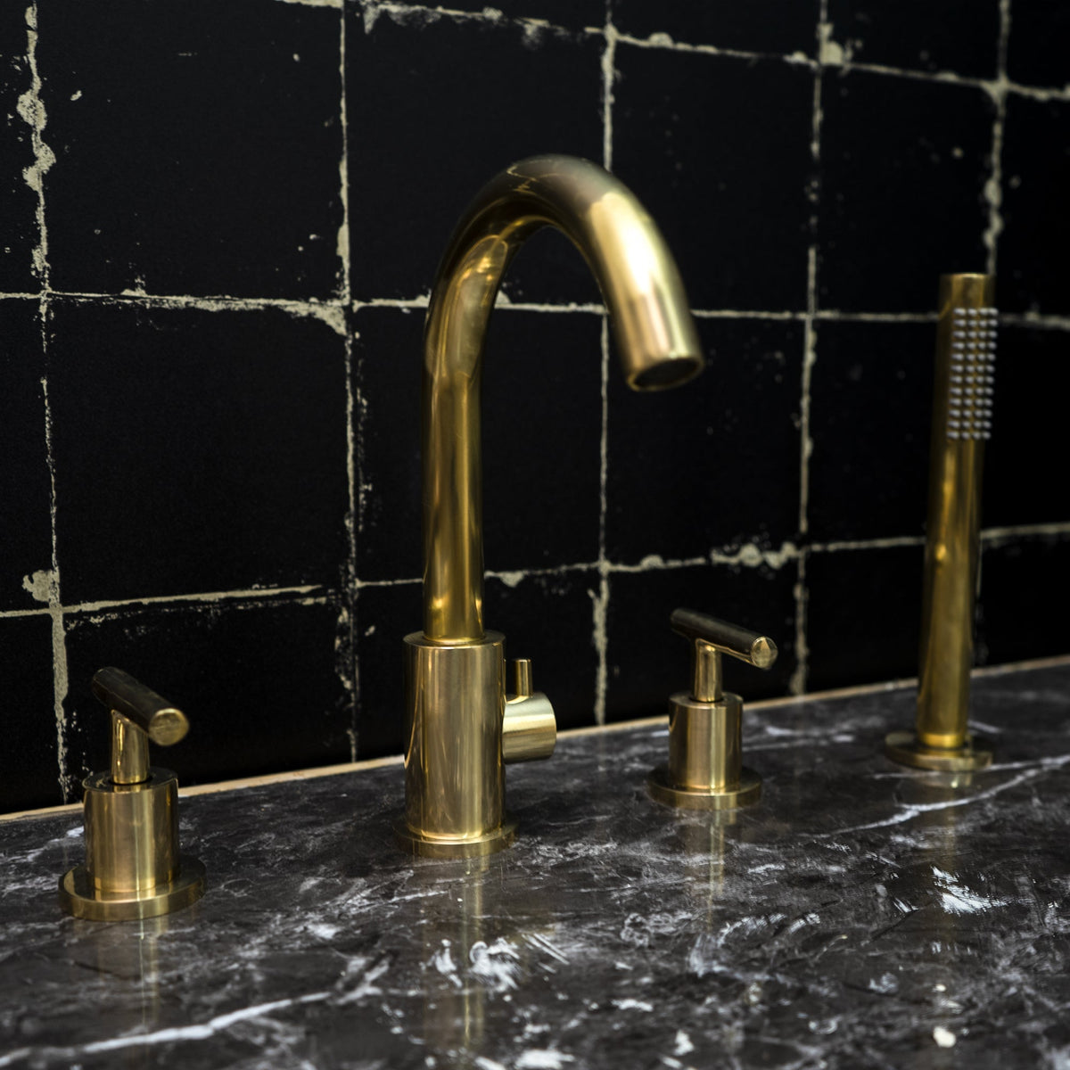 Unlacquered Brass 4-Hole Tub Filler Set - With Handheld Sprayer - close-up detail