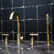 Unlacquered Brass 4-Hole Tub Filler Set – With Handheld Sprayer