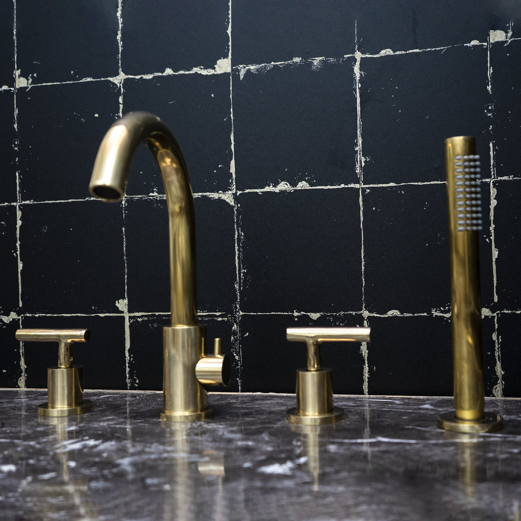 Unlacquered Brass 4-Hole Tub Filler Set – With Handheld Sprayer