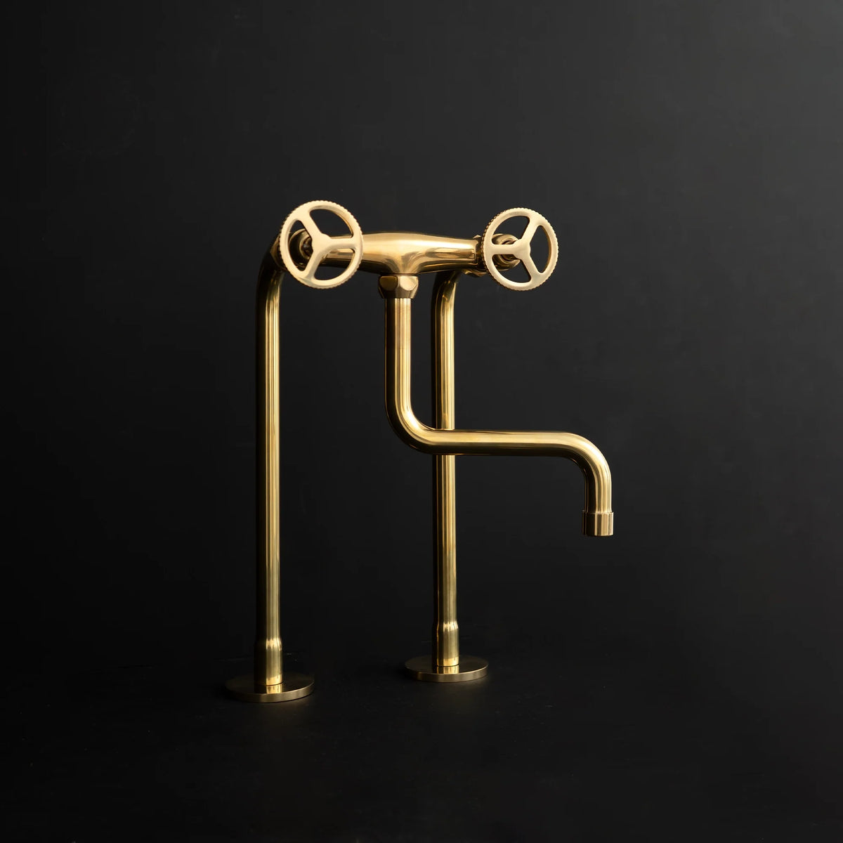 Industrial S-Spout Kitchen Faucet – Two-Leg Brass Design – front view