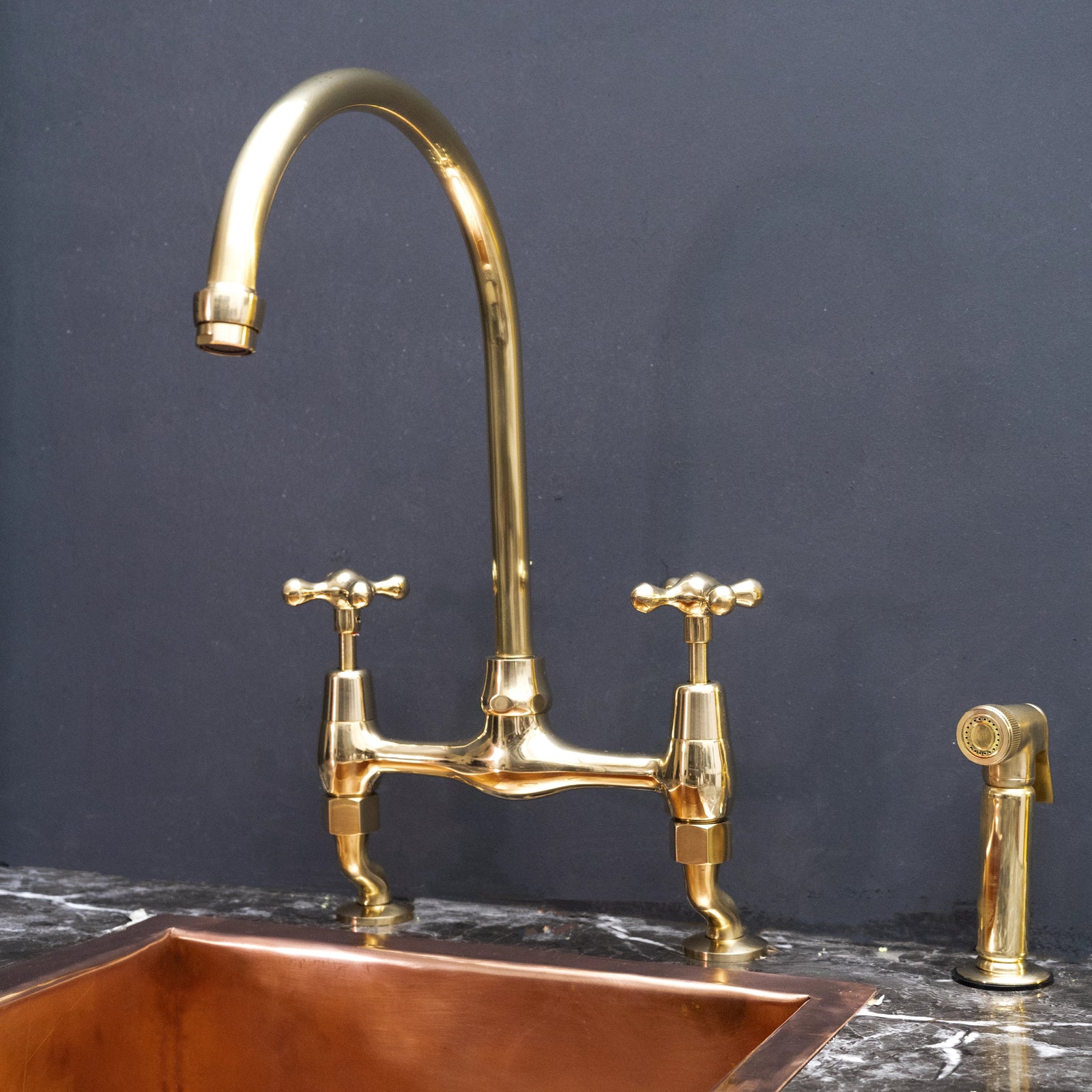 Unlacquered Brass Curved-Leg Bridge Kitchen Faucet – Two-Handle Design
