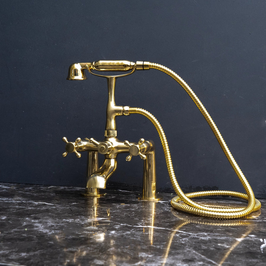 Unlacquered Brass Deck-Mount Tub Filler with Handheld Shower