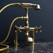 Unlacquered Brass Deck-Mount Tub Filler with Handheld Shower