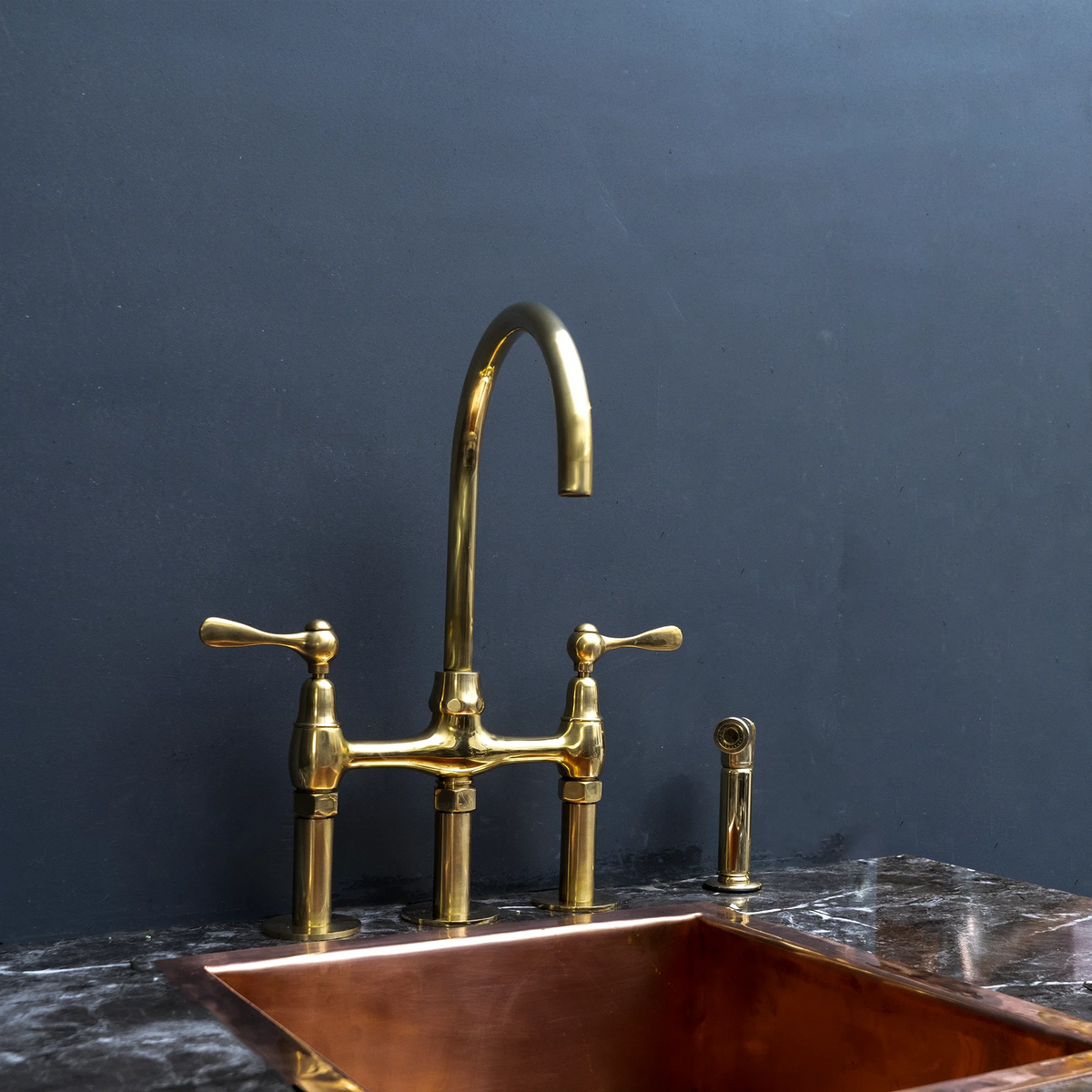 Unlacquered Brass 3-Hole Bridge Faucet – Gooseneck Spout – detail of gooseneck spout