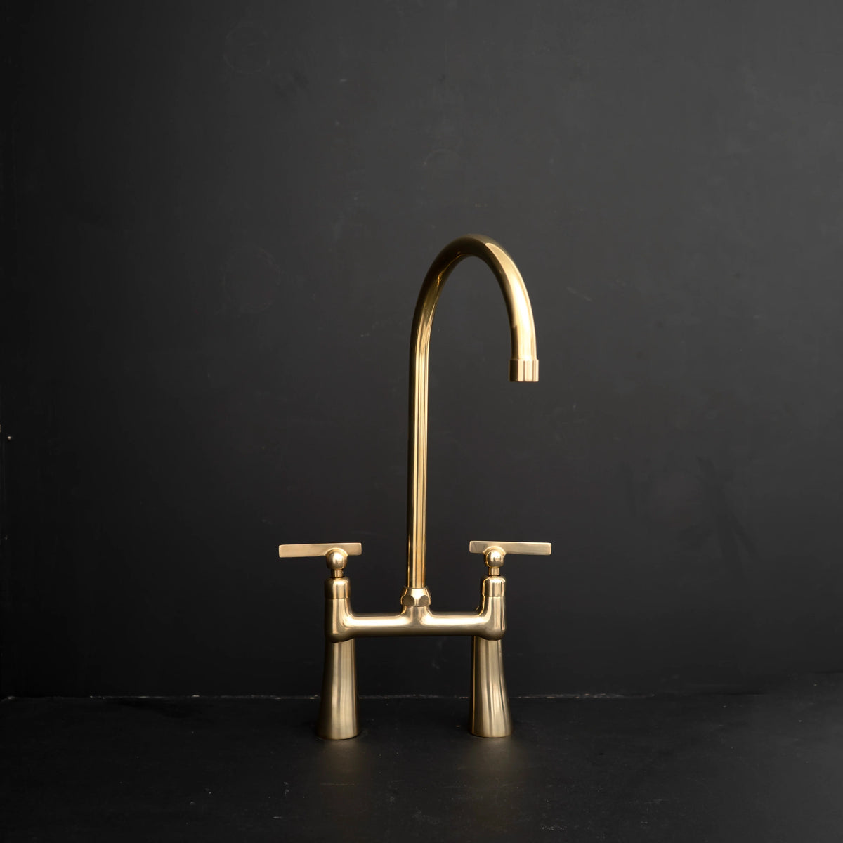 GoldenArc Bridge Kitchen Faucet – Arched Brass, Cross Handles – front view