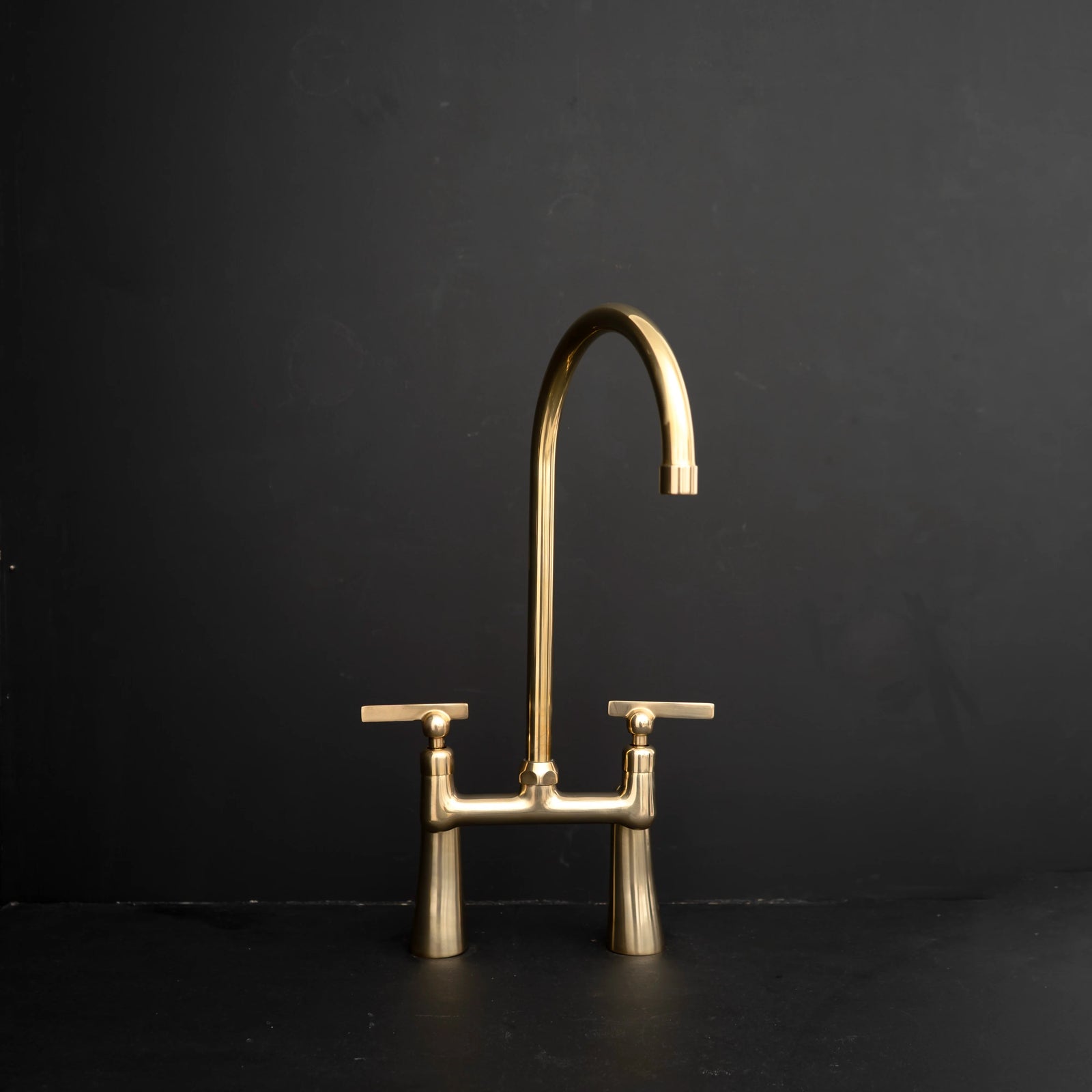 GoldenArc Bridge Kitchen Faucet – Arched Brass, Cross Handles