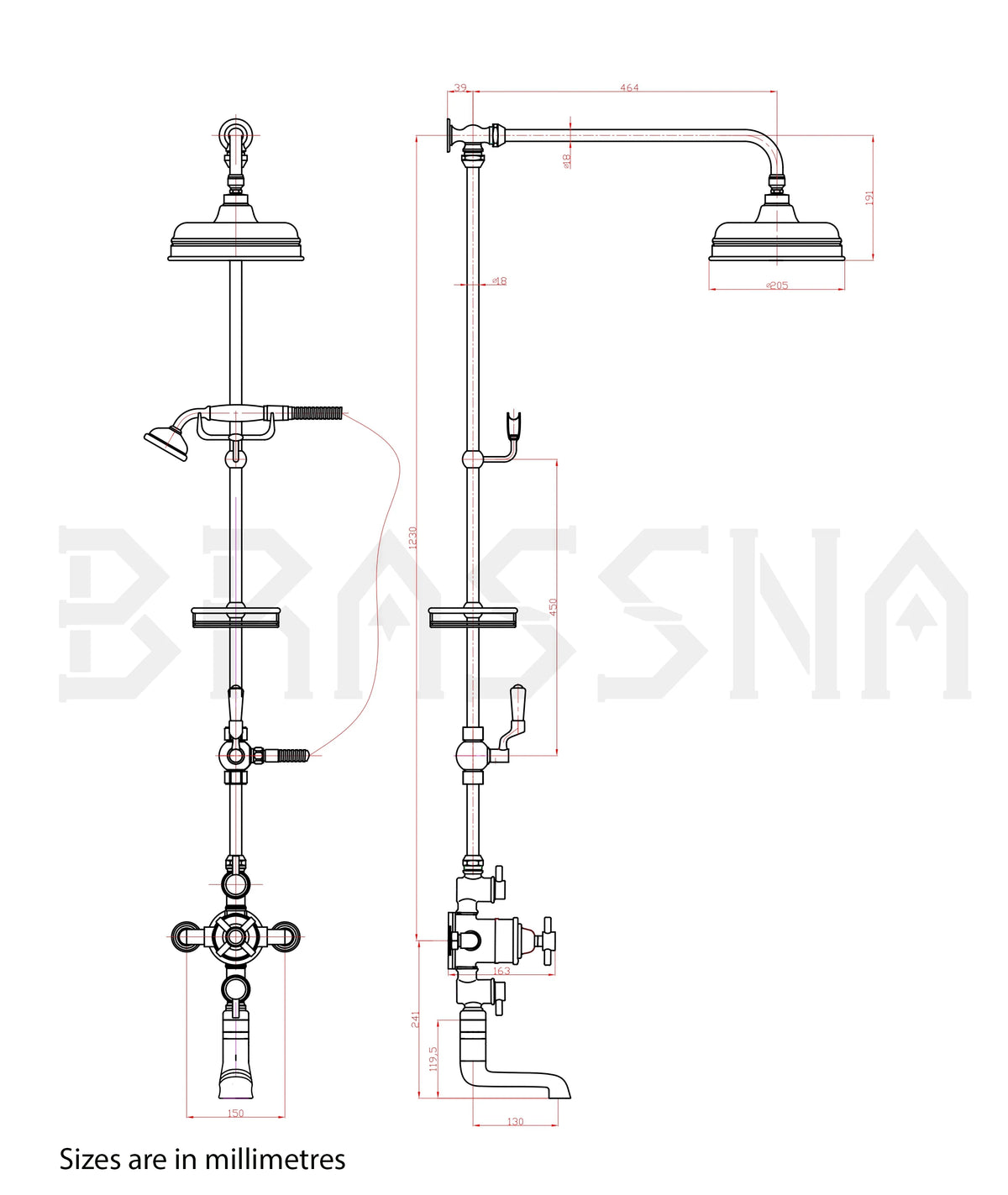 Thermostatic Shower Suite – Brass Shower System with Tub Filler – detail of thermostatic control