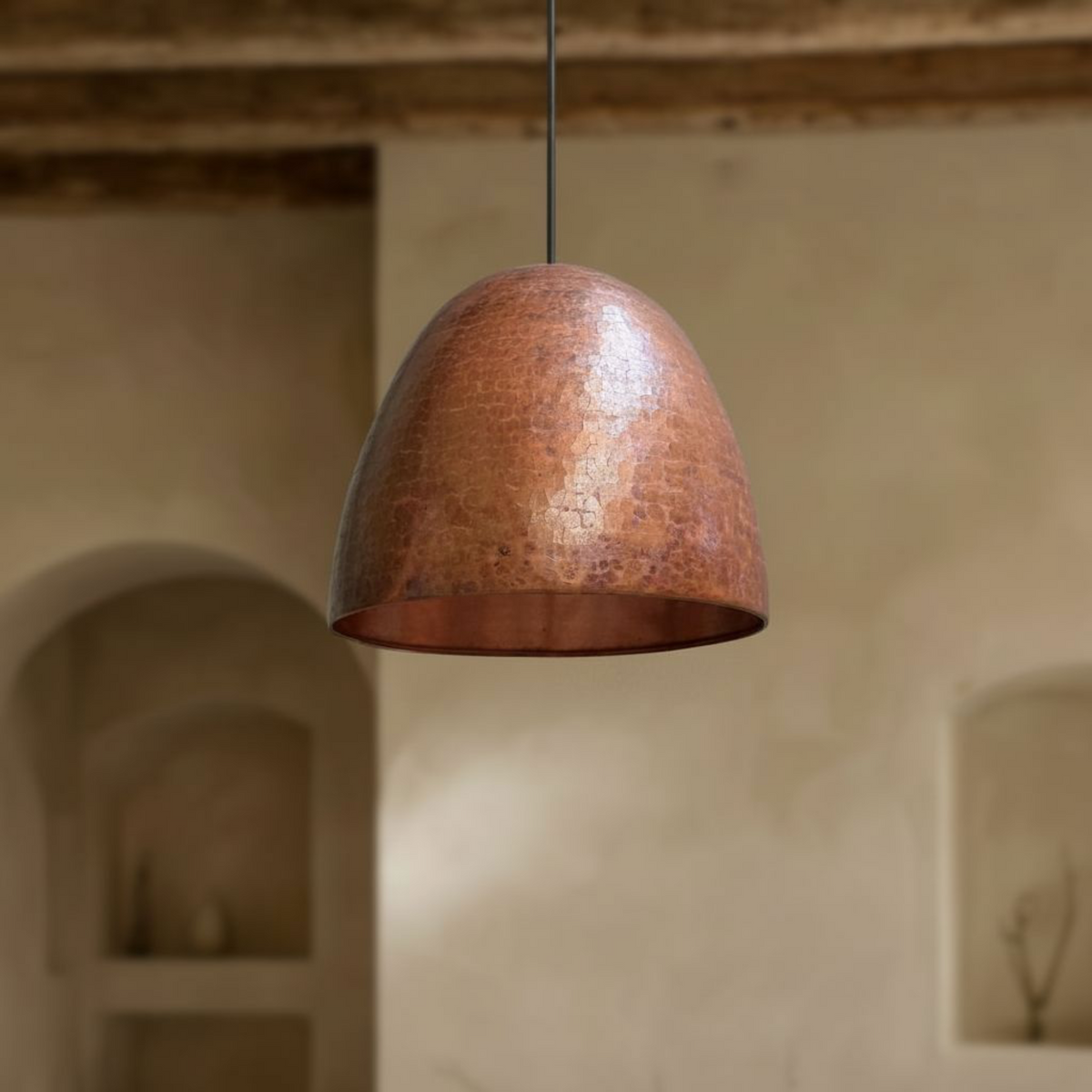 Hammered Copper Dome Pendant - Rustic Farmhouse Fixture – detail of hand-hammered patina finish