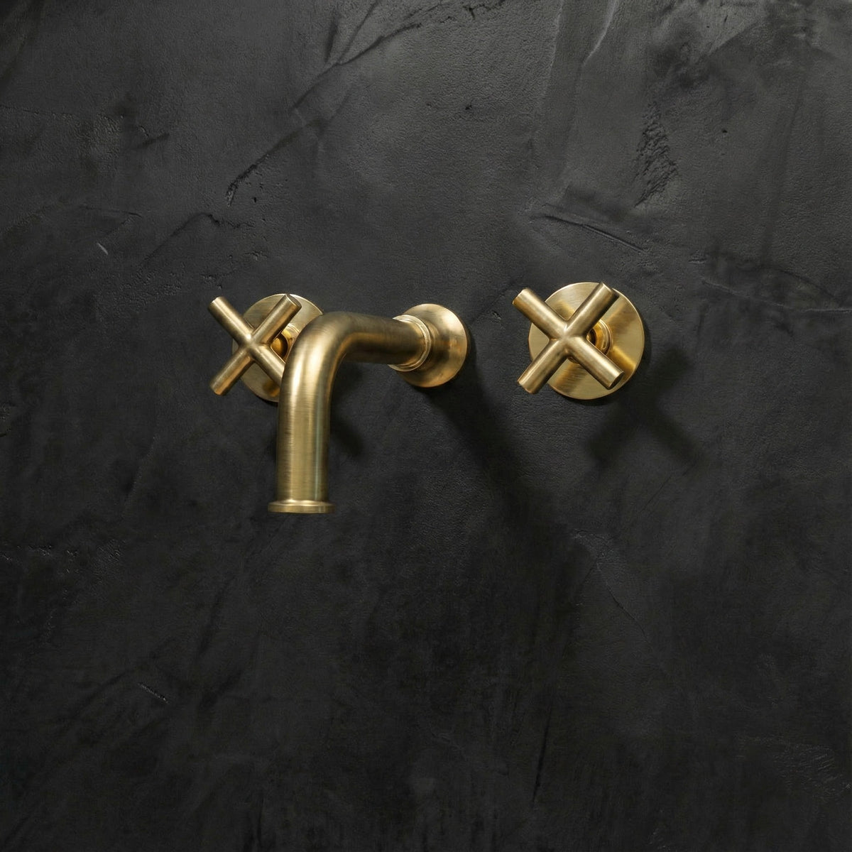Handcrafted Brass Wall-Mount Faucet – Lever Handle Set – installed in bathroom setting