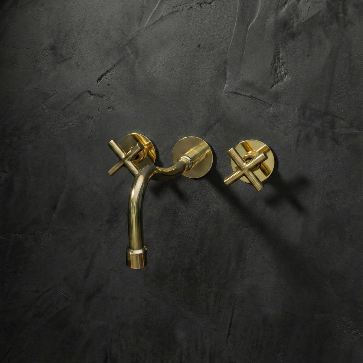Unlacquered Brass Cobra Wall-Mount Faucet – 6.5-Inch Spout – installed in bathroom setting