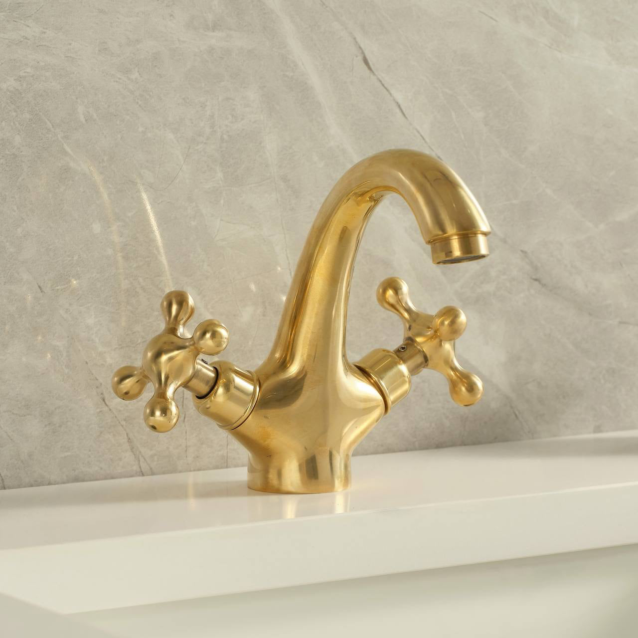 Twino Unlacquered Brass Single-Hole Bathroom Faucet – Cross Handles