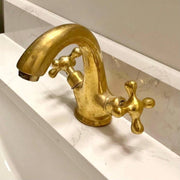 Twino Unlacquered Brass Single-Hole Bathroom Faucet – Cross Handles