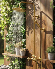 Brass Outdoor Rain Shower – Gold-Tone Wall-Mounted System