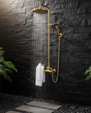 Brass Outdoor Rain Shower – Gold-Tone Wall-Mounted System
