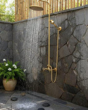 Brass Outdoor Rain Shower – Gold-Tone Wall-Mounted System