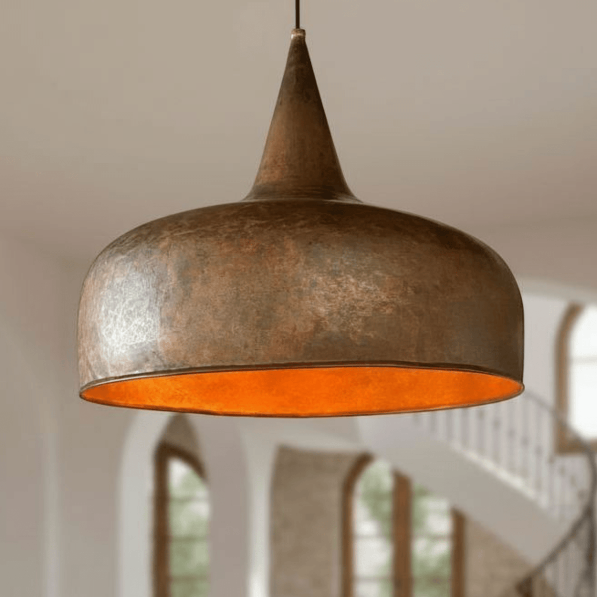Aged Copper Dome Pendant - Handcrafted Vintage Ceiling Light – detail of hand-hammered patina finish