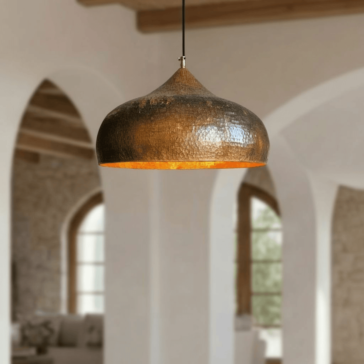 Aged Hammered Copper Pendant - Rustic Dome Farmhouse Light – detail of hand-hammered patina finish