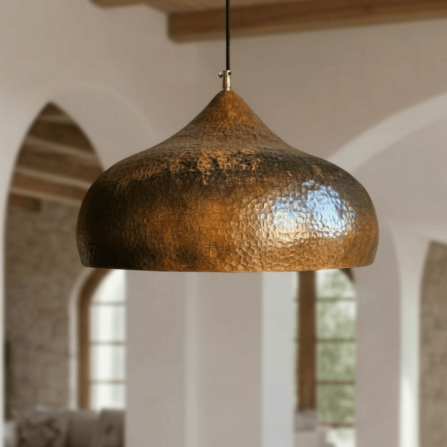 Aged Hammered Copper Pendant – Rustic Dome Farmhouse Light