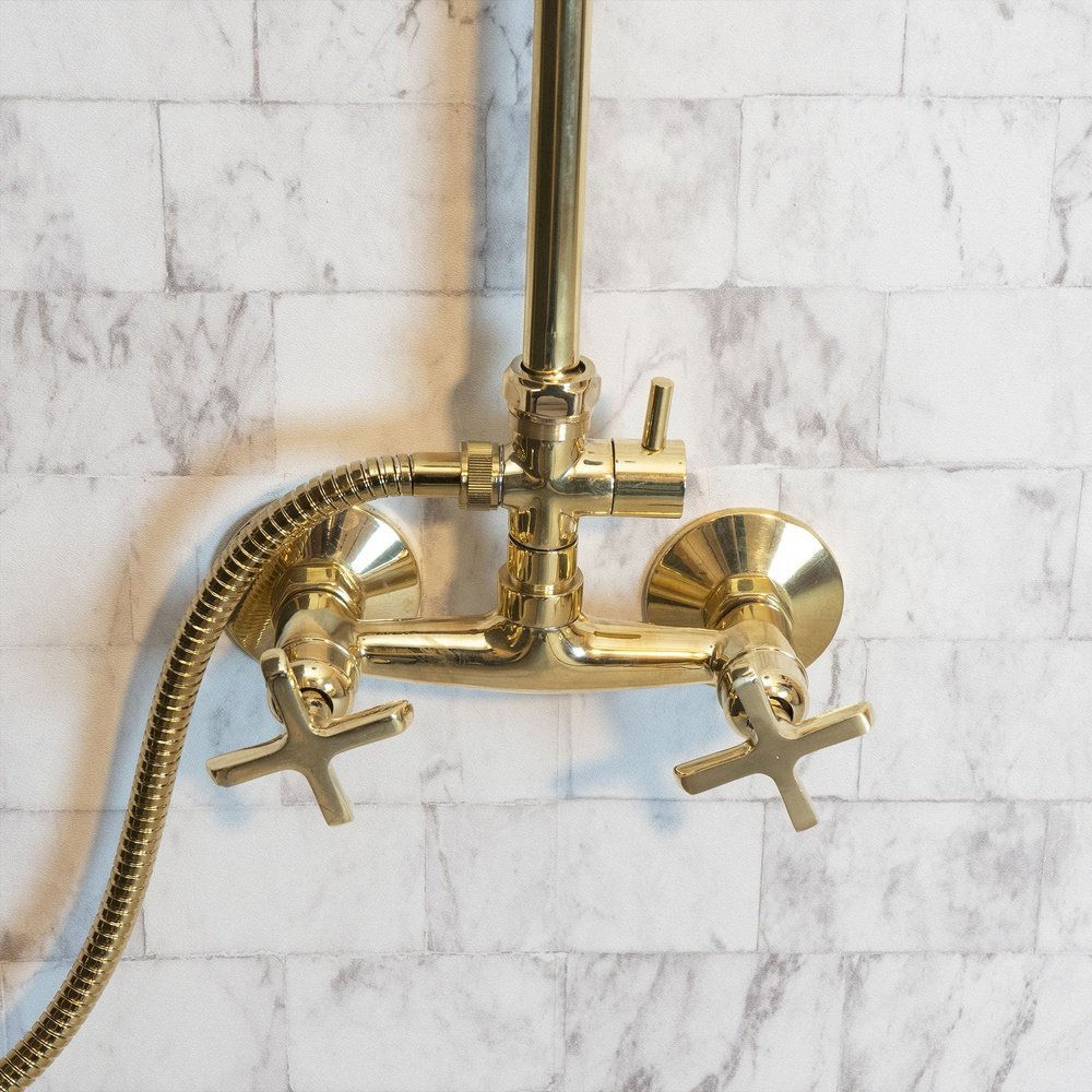 Unlacquered Brass Shower System – Curved Arm & Rain Head – detail of handle and finish
