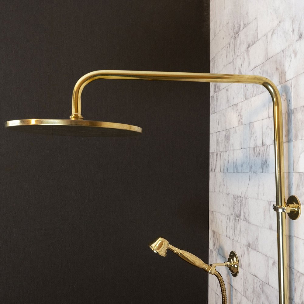 Antique Brass Exposed Shower System with Handheld Sprayer – installed in shower setting