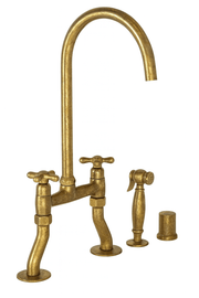 Antique Unlacquered Brass Bridge Kitchen Faucet with Side Sprayer