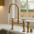 Antique Unlacquered Brass Bridge Kitchen Faucet with Side Sprayer