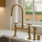 Antique Unlacquered Brass Bridge Kitchen Faucet with Side Sprayer